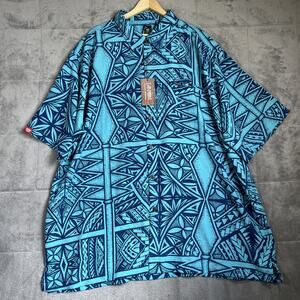 Tanoa Samoa Shirt Men 5XL Blue Tribal Button Up Aloha Polynesian Hawaiian Tropic